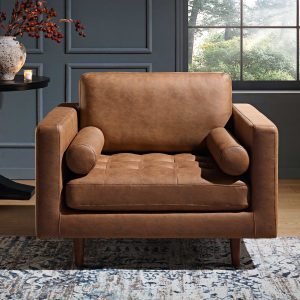 henrietta armchair, tan faux suede