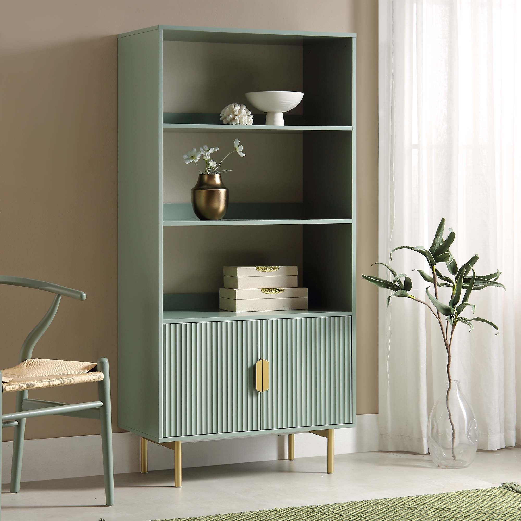 richmond ridged tall bookcase with doors, matte sage green richmond ridged tall bookcase with doors, matte sage green