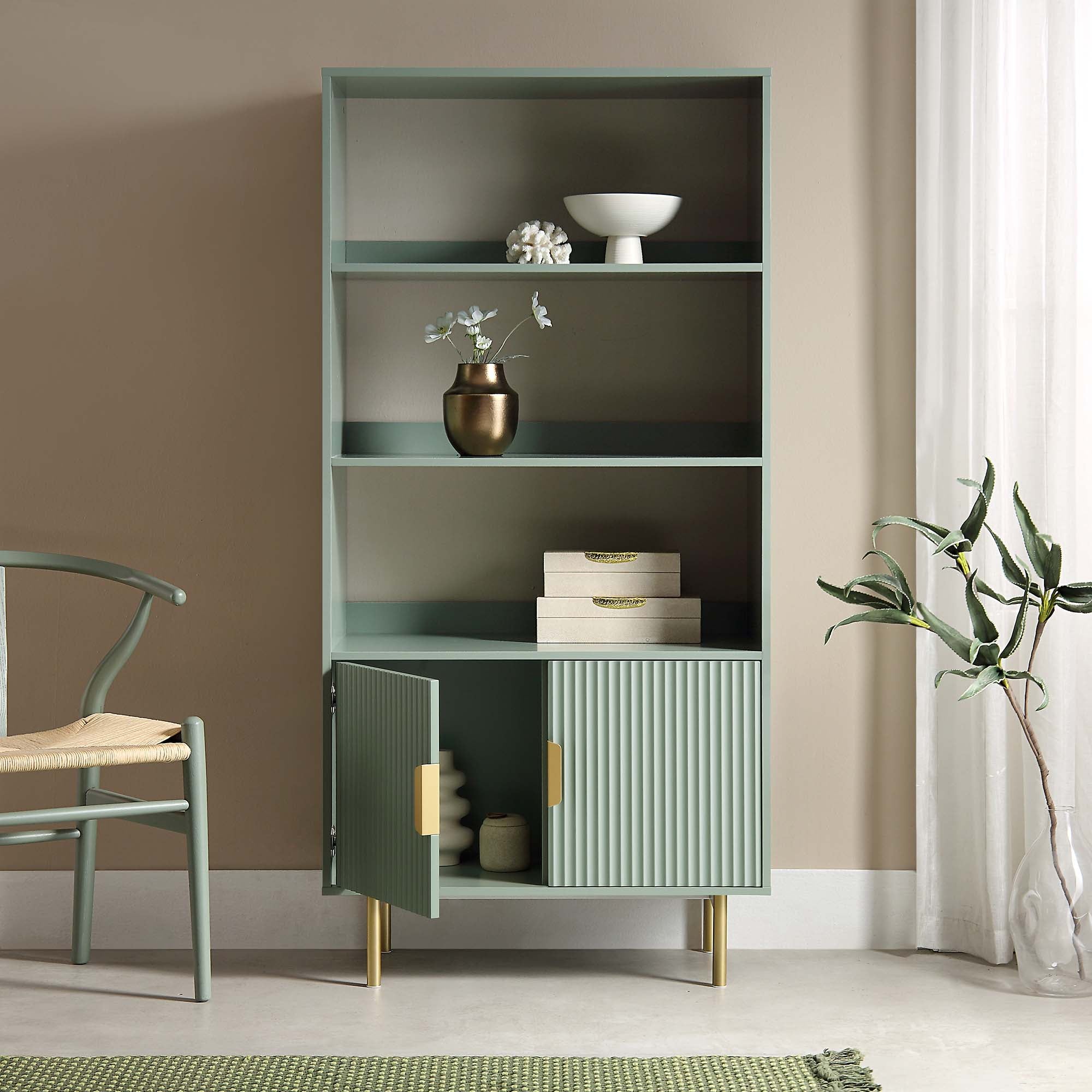richmond ridged tall bookcase with doors, matte sage green richmond ridged tall bookcase with doors, matte sage green