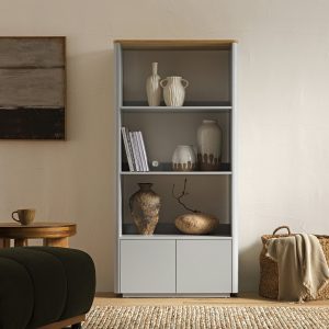 agnes curved edge bookcase, dove gray with oak top