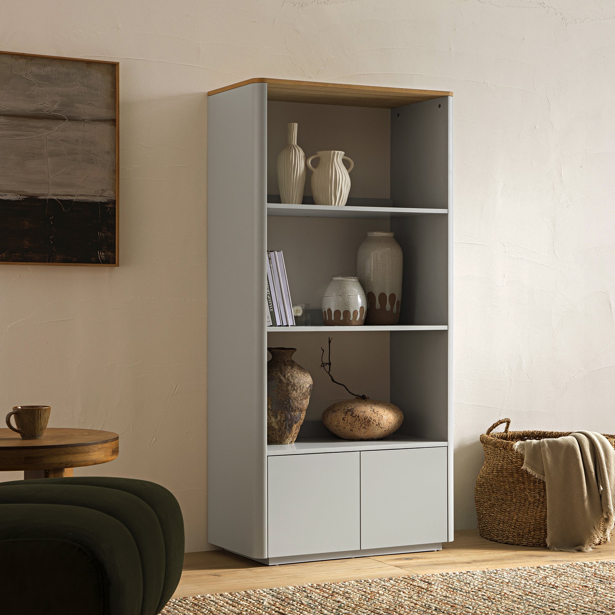 agnes curved edge bookcase, dove gray with oak top agnes curved edge bookcase, dove gray with oak top