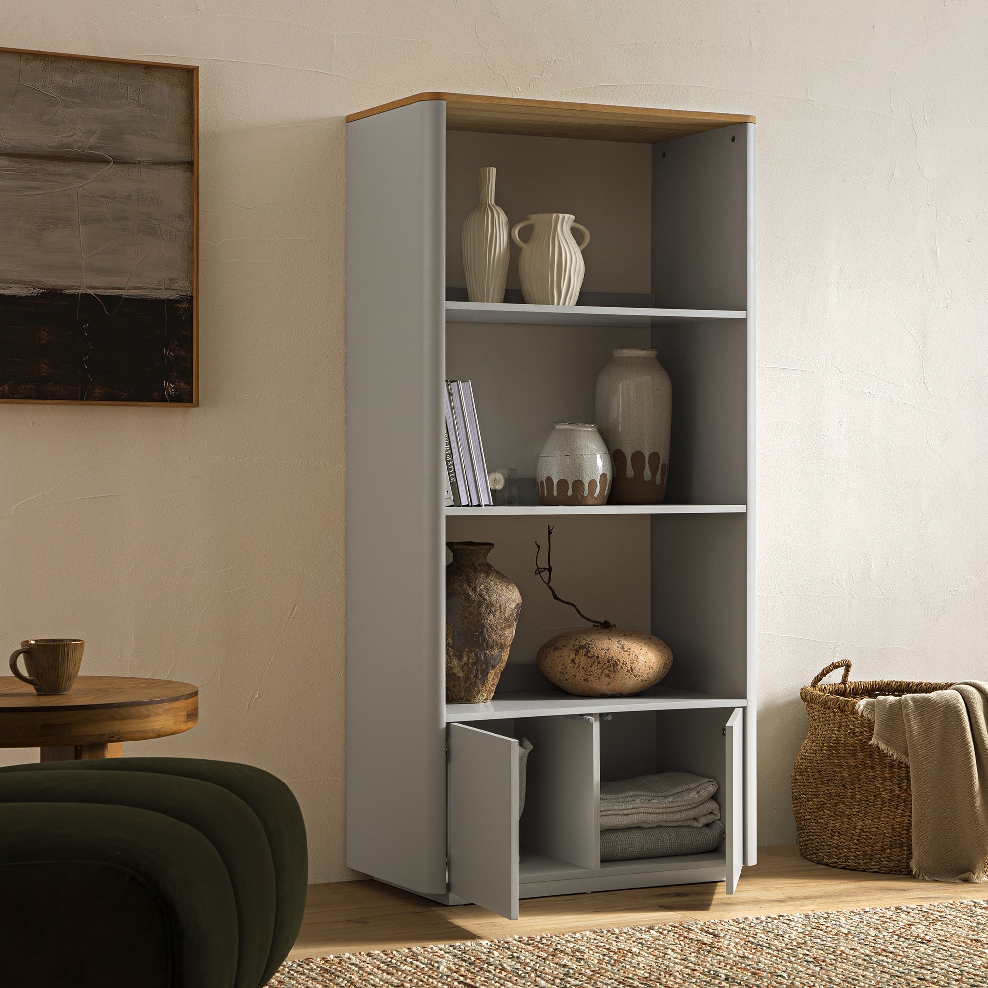 agnes curved edge bookcase, dove gray with oak top agnes curved edge bookcase, dove gray with oak top