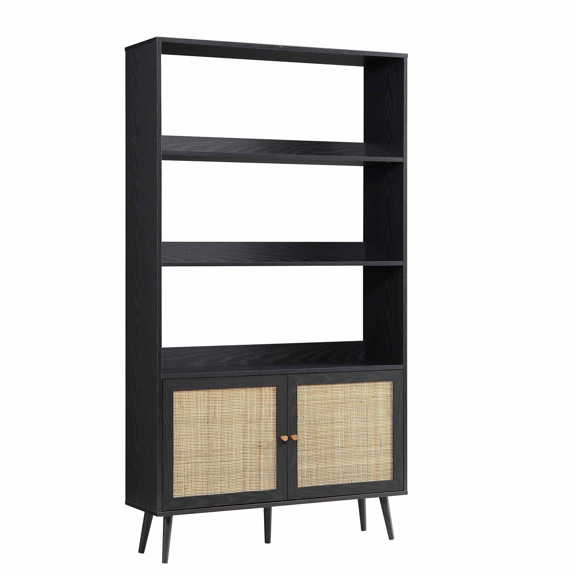 frances woven rattan bookcase with doors, black frances woven rattan bookcase with doors, black