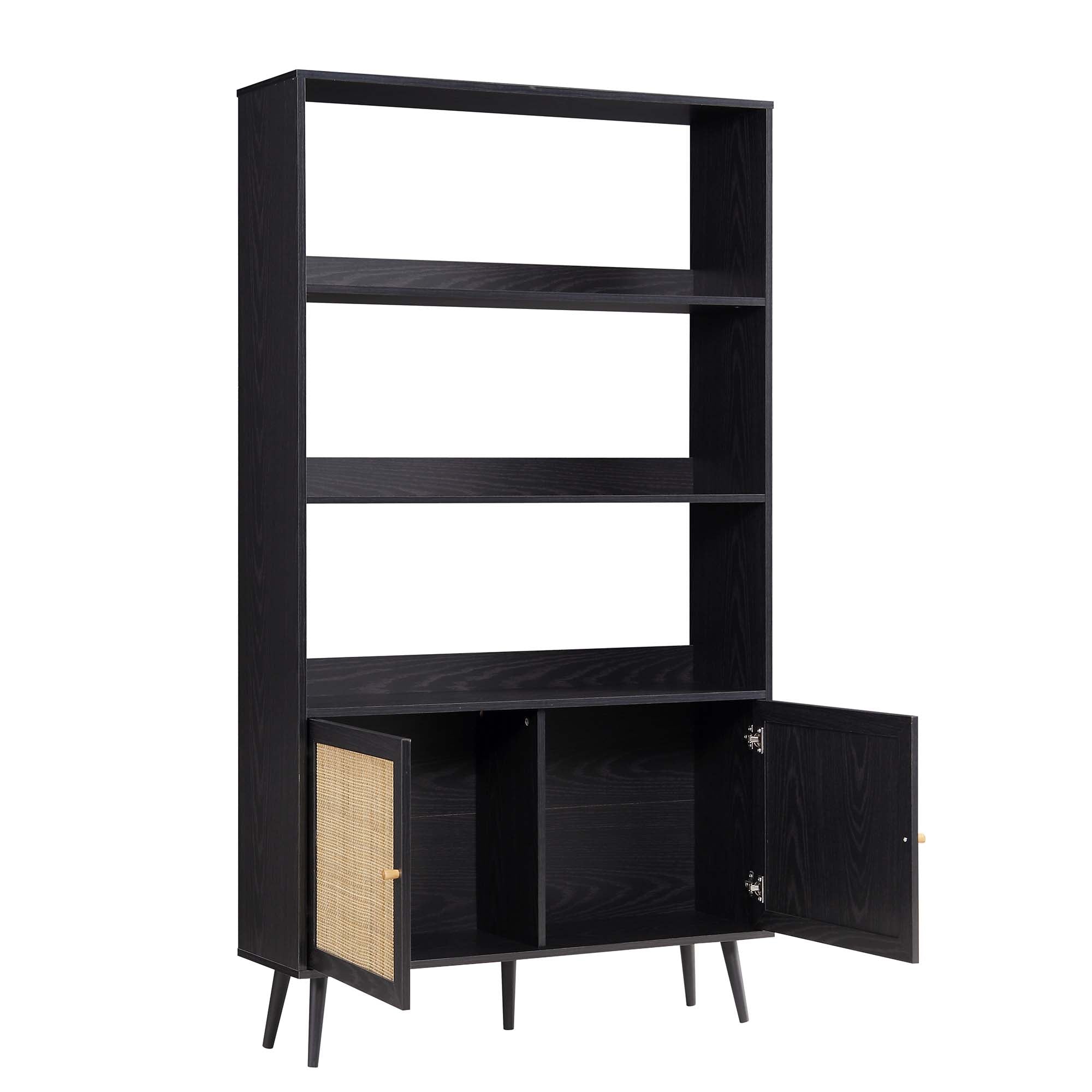 frances woven rattan bookcase with doors, black frances woven rattan bookcase with doors, black