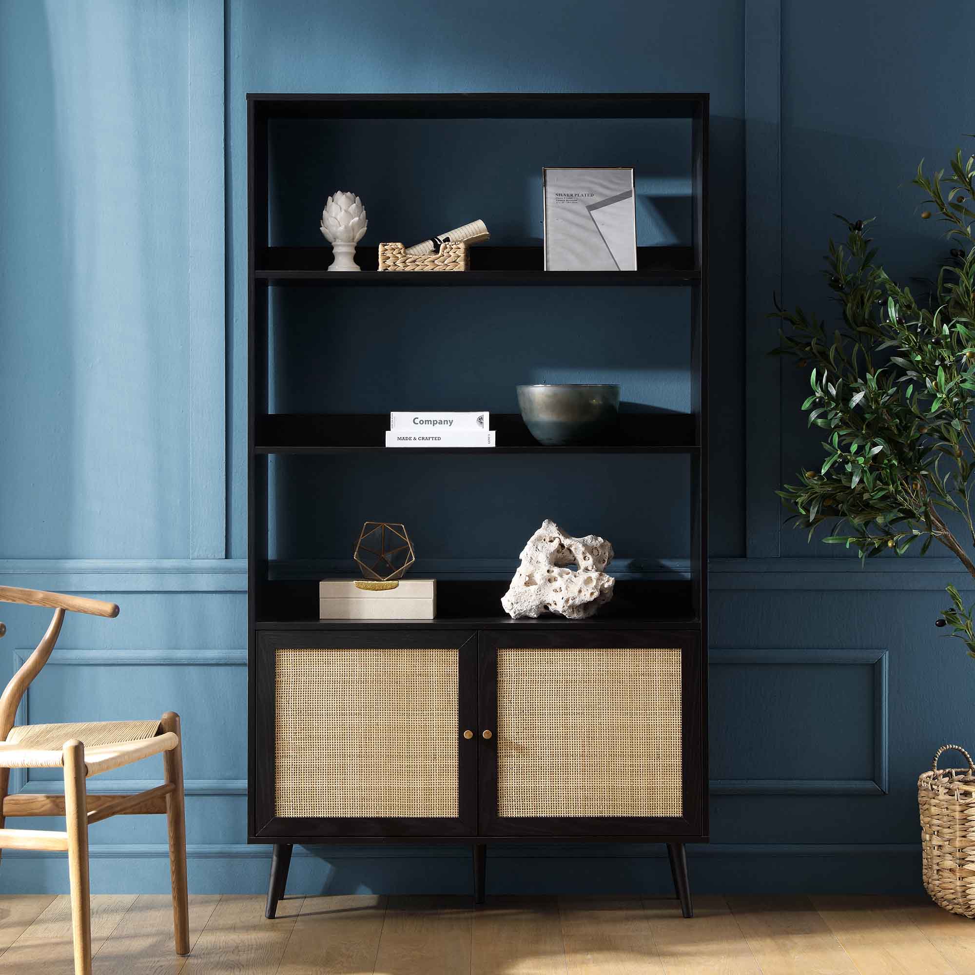 frances woven rattan bookcase with doors, black frances woven rattan bookcase with doors, black