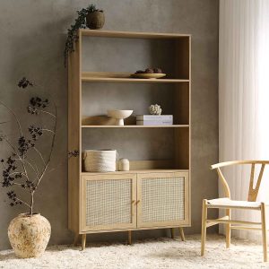 frances woven rattan bookcase with doors, natural