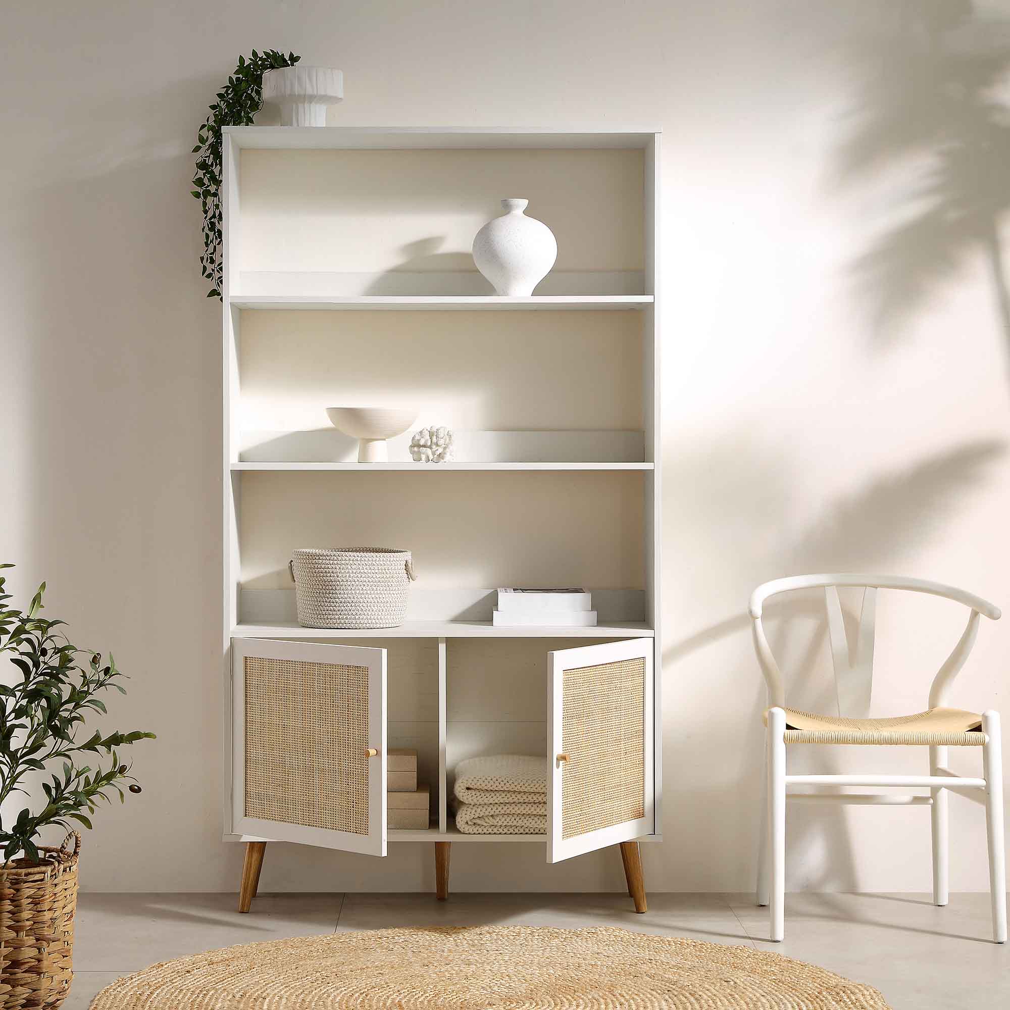 frances woven rattan bookcase with doors, white frances woven rattan bookcase with doors, white