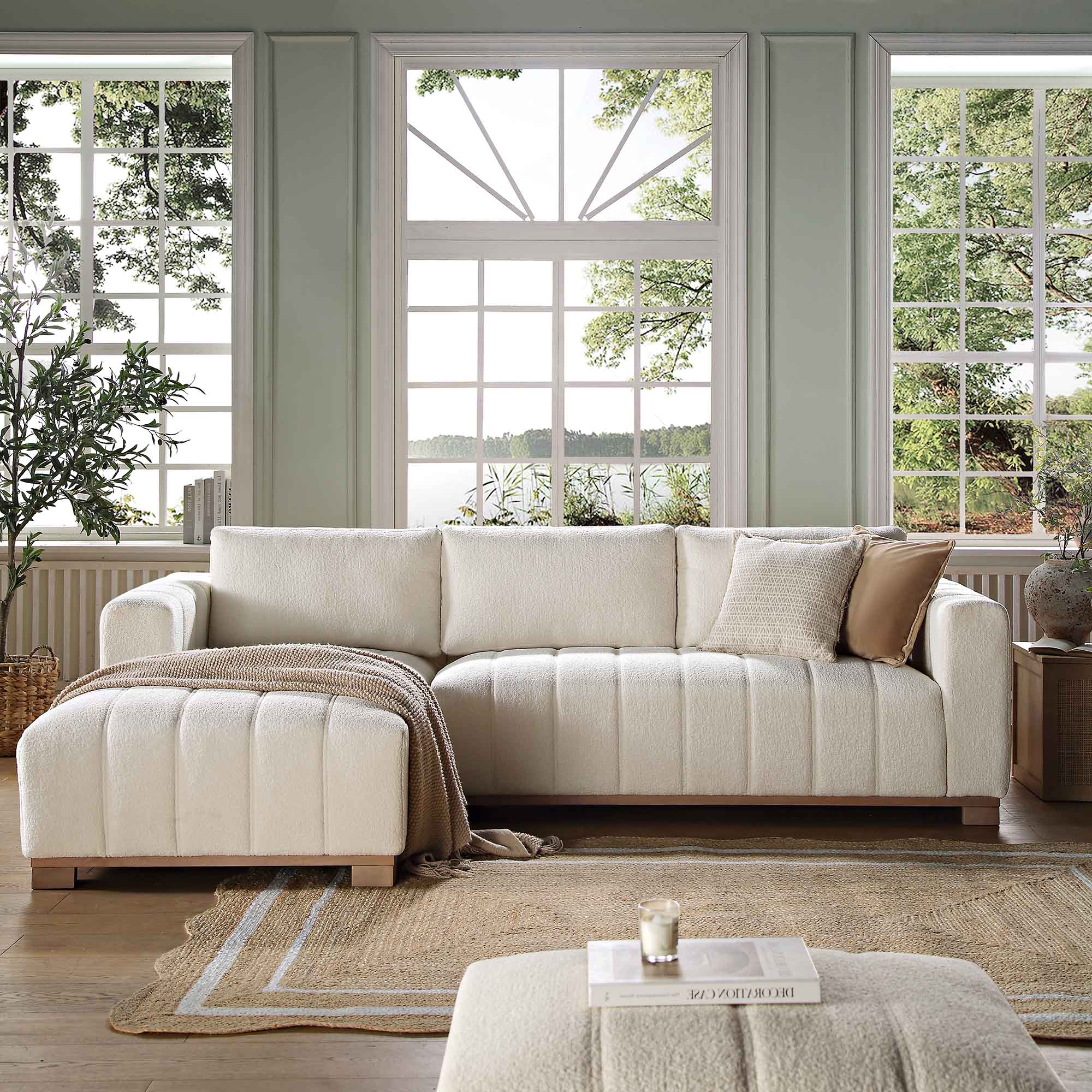 belsize beige boucle sofa with wooden base, large chaise left hand facing belsize beige boucle sofa with wooden base, large chaise left hand facing