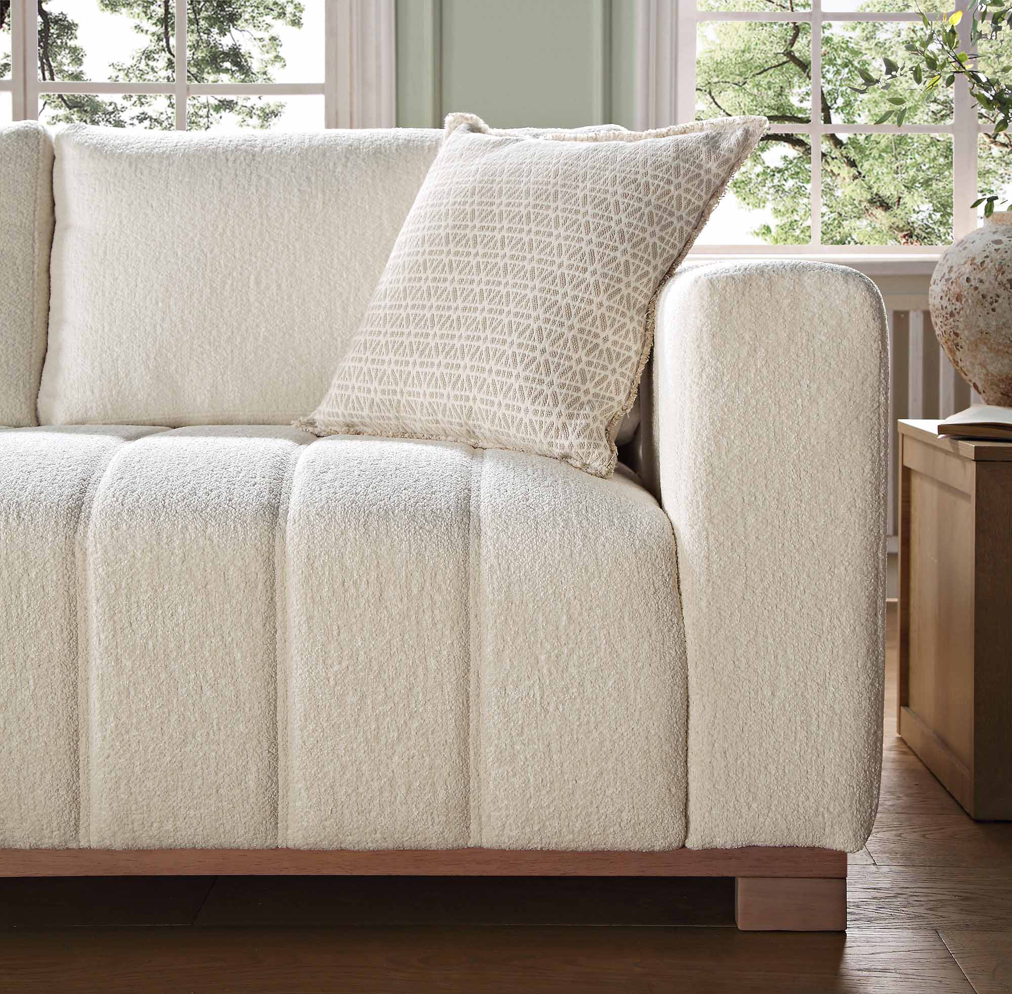 belsize beige boucle sofa with wooden base, large chaise left hand facing belsize beige boucle sofa with wooden base, large chaise left hand facing