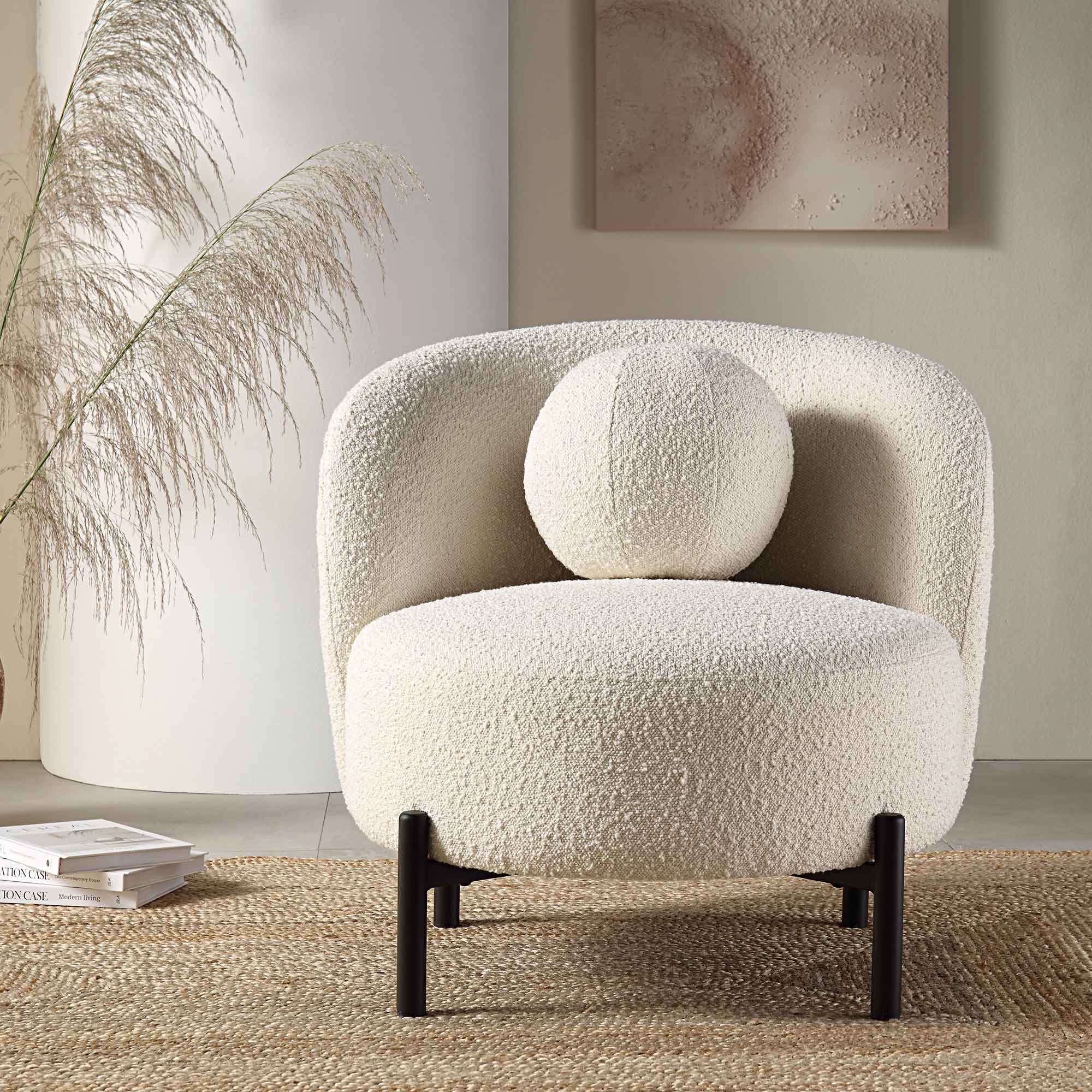 amboise armchair with ball cushion, ecru boucle amboise armchair with ball cushion, ecru boucle