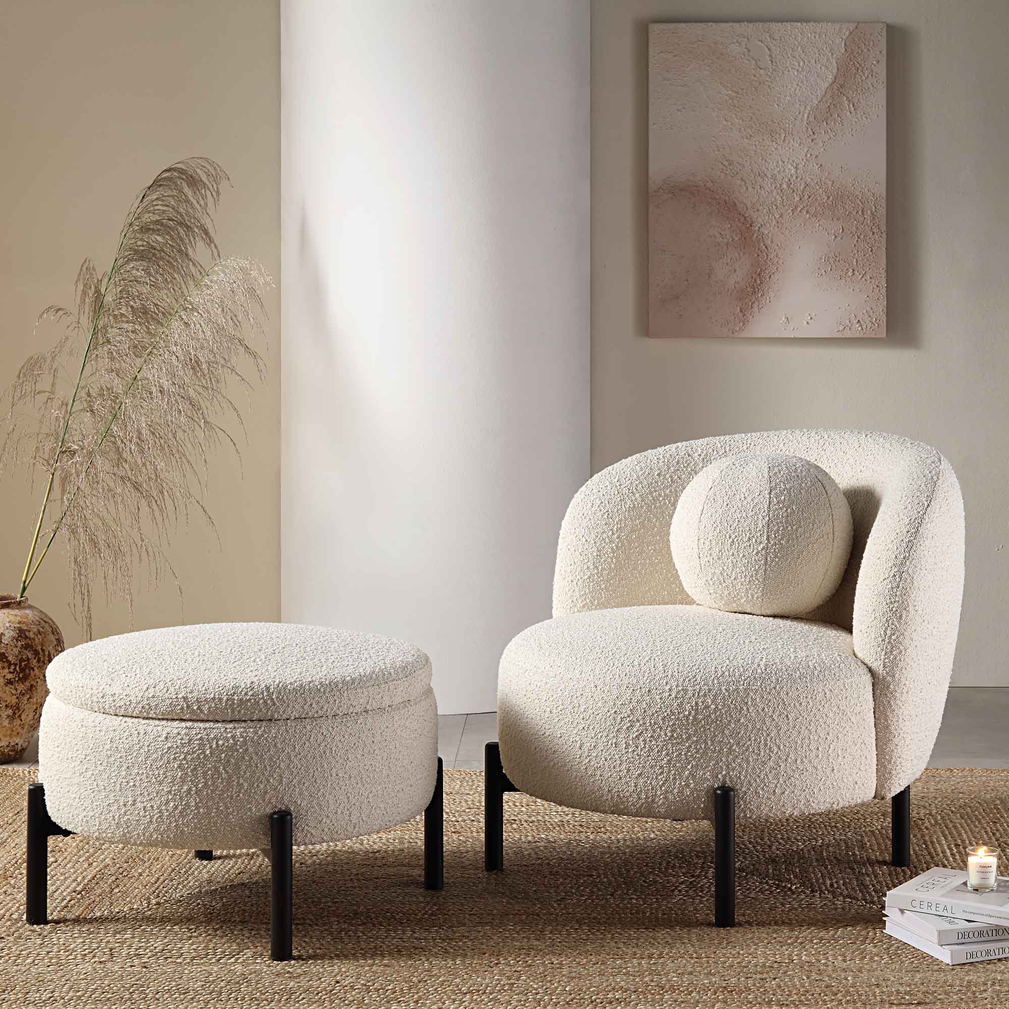 amboise armchair with ball cushion, ecru boucle amboise armchair with ball cushion, ecru boucle